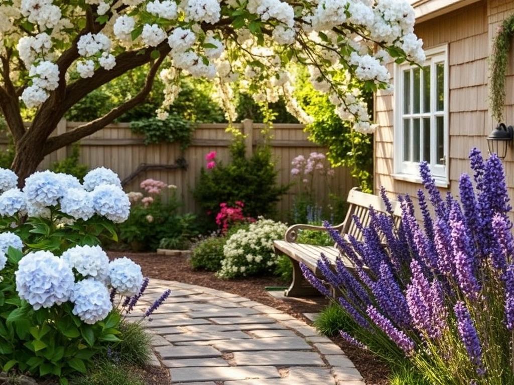 A tranquil garden with a quiet bench